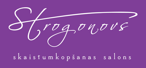 Strogonovs logo balts uz violeta fona